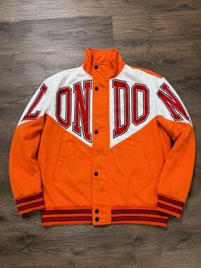 Orange London Varsity Jacket with Orange & White Lettering